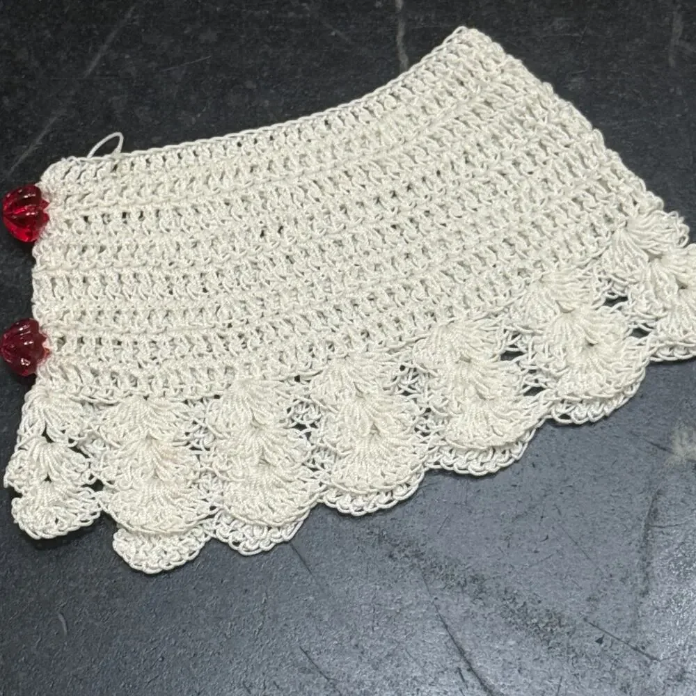 Vintage Handmade Crochet Fingerless Wrist Mitts White Scallop Red Flower Button